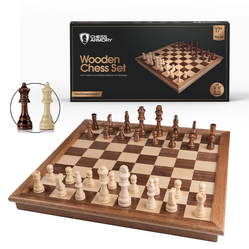 Chess Armory Wooden Chess Set â€“ 17-Inch Large Chess Board with Felted Storage Box, Extra Queens & Handcrafted Staunton Pieces - Image 1